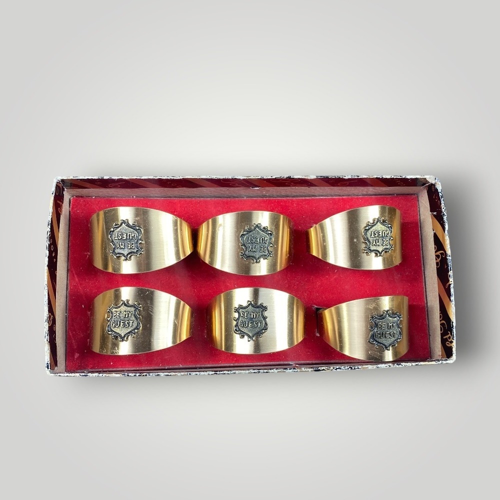 1970s Brass Tone Napkin Rings Be My Guest Set 6 Gold Tone Holders Boxed Vintage